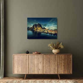 Tablou pe sticlă cu sat de pescari din Norvegia (70x50 cm)