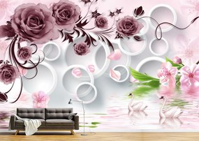 Tapet Premium Canvas - Trandafirul mov lebedele si cercurile 3d abstract