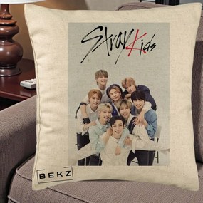 Perna Personalizata K-pop Stray Kids cu Foto Grup Alb-Albastru, 40x40 cm, Bej, Husa Detasabila, Perna Inclusa, BEKZ®