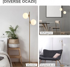 HOMCOM Lampă de Podea cu 2 Lumini și Abajururi Sferice, Lampă de Podea cu Comutator de Picior, Soclu E27, 39x28x165 cm, Aur | Aosom Romania