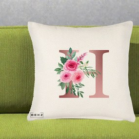 Cadou Personalizat - Perna Personalizata Monograma Rose Gold Litera H, 40x40 cm, Crem Reliefat, Husa Detasabila, Perna Inclusa, BEKZ®