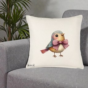 Perna Decorativa Pasare Bleu cu Fundita Roz, 40x40 cm, Crem Reliefat, Husa Detasabila, Perna Inclusa, BEKZ®
