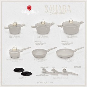 RESIGILAT - Set oale si tigai cu capace 15 piese Sahara Collection Berlinger Haus BH 8081, crem, antiaderente, curatare usoara, inductie, design