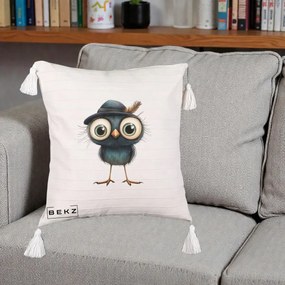Perna Decorativa Pui Misterios cu Palarie Neagra, 40x40 cm, Bej cu Franjuri, Husa Detasabila, Perna Inclusa, BEKZ®