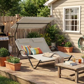 Outsunny Șezlong cu acoperiș, pernă și roți, oțel și poliester cremă | Aosom Romania