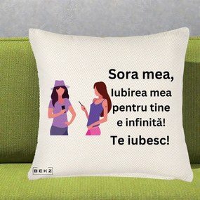 Cadou pentru Sora - Perna Personalizata Sora Mea Te Iubesc Doua Fete cu Telefoane, 40x40 cm, Crem Reliefat, Husa Detasabila, Perna Inclusa, BEKZ®