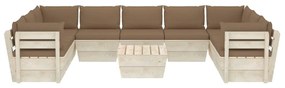 Set mobilier gradina din paleti, 10 piese, cu perne, lemn de molid Gri taupe, 4x colt + 5x mijloc + masa, 1