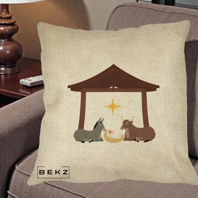 Perna Decorativa Ieslea din Betleem cu Iesle Asin si Bou, 40x40 cm, Crem, Husa Detasabila, Perna Inclusa, BEKZ®