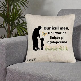 Cadou pentru Bunic - Perna Personalizata Bunicul Meu Izvor de Liniste cu Fluture si Fetita, 40x40 cm, Bej Canapea, Husa Detasabila, Perna Inclusa, BEKZ®