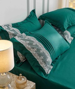 Lenjerie pat dublu, Inimi Brodate, 6 Piese, Finet Premium - Verde