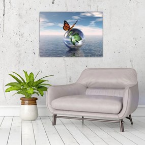 Tablou pe sticlă cu fluture pe bilă din sticlă (70x50 cm)
