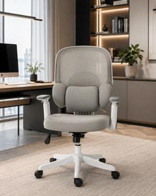 LUMBARIS 871– Scaun Ergonomic cu Suport Lombar Triplu Ajustabil, Cotiere Reglabile, Spătar Mesh, Înclinare 90°–135°, Gri/Alb