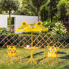 Outsunny Set de Grădină 4 Piese pentru Copii cu Model Tigru și Măsuță Rotundă, 2 Scaune Pliabile și o Umbrelă Reglabilă, Măsuță cu Scaune pentru Copii 3-6 Ani de Exterior, Galben | Aosom Romania