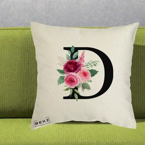 Cadou Personalizat - Perna Personalizata Monograma Florala Litera D, 40x40 cm, Ecru, Husa Detasabila, Perna Inclusa, BEKZ®