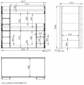 Pat supraetajat triplu pentru copii SCOTT, alb, 90 x 200 cm, din pin scandinav masiv, cu 3 spații de dormit – Vipack