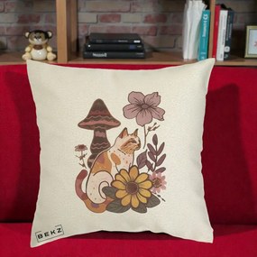 Perna Decorativa Pisica Vintage Florala Boho, 40x40 cm, Ecru, Husa Detasabila, Perna Inclusa, BEKZ®