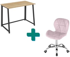 Set pentru birou – birou pliabil ZARIMO 80×40 cm stejar sonoma + scaun de birou AVOLA VELVET roz