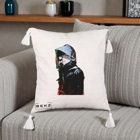 Perna Personalizata Tokyo Ghoul Ken Kaneki cu Masca si Gluga, 40x40 cm, Bej cu Franjuri, Husa Detasabila, Perna Inclusa, BEKZ®