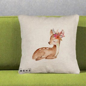 Perna Decorativa Caprioara cu Flori in Coama, 40x40 cm, Bej Canapea, Husa Detasabila, Perna Inclusa, BEKZ®
