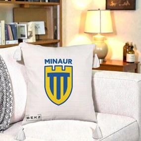 Perna Personalizata Minaur Baia Mare Fotbal, 40x40 cm, Bej cu Franjuri, Husa Detasabila, Perna Inclusa, BEKZ®