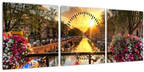 Tablou - Răsărit de soare la Amsterdam (cu ceas) (90x30 cm)
