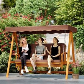 Outsunny Balansoar Hollywood cu copertină, balansoar de grădină din lemn masiv, bancă-leagăn cu funcție de șezlong, pentru 3 persoane, Maro | Aosom Romania
