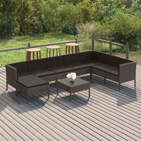 Set mobilier de gradina cu perne, 9 piese, gri, poliratan 3x colt + 4x mijloc + suport pentru picioare + masa, 1