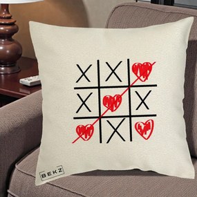 Cadou Romantic - Perna Personalizata Love Joc X si Inima cu Castigator Iubire, 40x40 cm, Ecru, Husa Detasabila, Perna Inclusa, BEKZ®