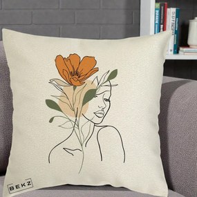 Perna Decorativa Portret Feminin Floare Portocalie, 40x40 cm, Ecru, Husa Detasabila, Perna Inclusa, BEKZ®