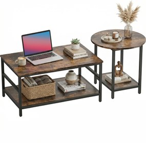 HOMCOM Set mese de cafea, 2 piese, masă dreptunghiulară și rotundă cu depozitare în 2 nivele, maro rustic | Aosom Romania