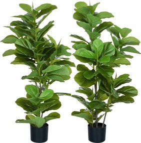 HOMCOM, Set de 2 plante artificiale Ficus Lyrata, arbori artificiali cu ghiveci inclus, înălțime 110 cm, verde | Aosom Romania
