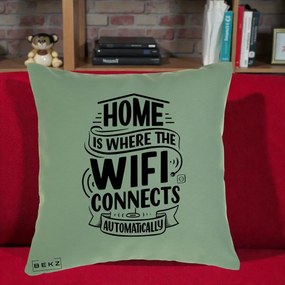 Perna Decorativa Home Is Where WiFi Connects, 40x40 cm, Verde, Husa Detasabila, Perna Inclusa, BEKZ®