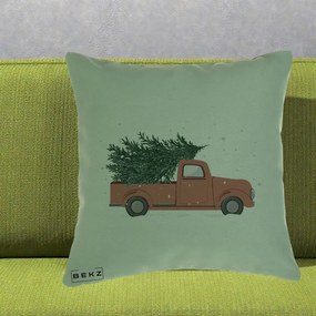 Perna Decorativa Camioneta Terracotta Brad de Craciun, 40x40 cm, Verde, Husa Detasabila, Perna Inclusa, BEKZ®