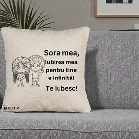 Cadou pentru Sora - Perna Personalizata Sora Mea Te Iubesc Copii Anime Line Art, 40x40 cm, Bej Canapea, Husa Detasabila, Perna Inclusa, BEKZ®