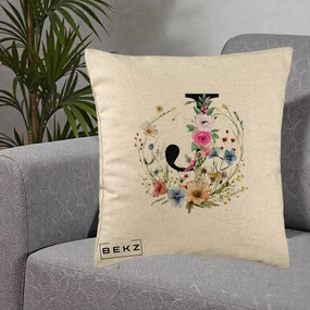 Cadou Personalizat - Perna Personalizata Monogram Litera J cu Flori Acuarela, 40x40 cm, Bej, Husa Detasabila, Perna Inclusa, BEKZ®