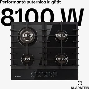 Klarstein Ignito, plită pe gaz, 4 arzătoare, arzător Sabaf, sticlă ceramică, negru