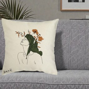 Perna Decorativa Portret Feminin Profil Flori Portocalii, 40x40 cm, Ecru, Husa Detasabila, Perna Inclusa, BEKZ®