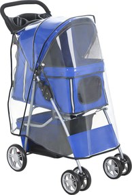 PawHut Cărucior pentru Câini Pliabil cu Husă de Ploaie, Roți Pivotante și Pernă Lavabilă, 77x44x102 cm, Albastru | Aosom Romania