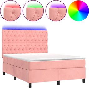 vidaXL Pat cu arcuri, cu saltea și LED, roz, 140x190 cm catifea