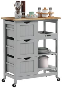 HOMCOM Carucior Auxiliar cu Roti Carucior de Bucatarie cu 3 Sertare 2 Rafturi Deschise si Tava Detasabila 67x37x85,5 cm Gri | Aosom Romania