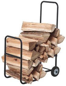 Suport pentru lemne de foc Suport lemne cu 2 roti carucior din metal, negru, 56x40x90.5cm Outsunny | Aosom RO
