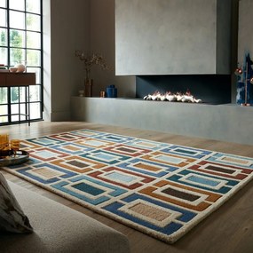 Covor albastru/portocaliu țesut manual din lână 80x150 cm Retro Blocks – Flair Rugs