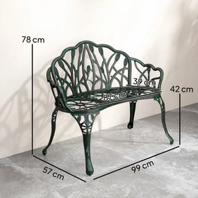 Outsunny Banc de grădină din aluminiu turnat, banc exterior 2 locuri cu spătar lalea, șezut floral, 99x57x78cm, vert antique | Aosom Romania