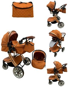 Carucior 3 in 1 cu landou transformabil in parte sport si scoica auto 0-36 luni, Portocaliu - CPC-53-portocaliu