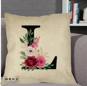 Cadou Personalizat - Perna Personalizata Monograma Florala Litera L, 40x40 cm, Crem, Husa Detasabila, Perna Inclusa, BEKZ®