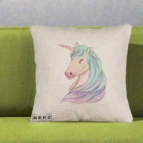 Perna Decorativa Unicorn Acuarela Pastel, 40x40 cm, Bej Canapea, Husa Detasabila, Perna Inclusa, BEKZ®