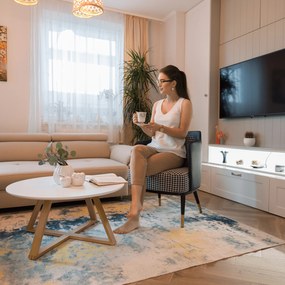 Fotoliu design, model alb-negru/ piele ecologică albastru închis, EMREN