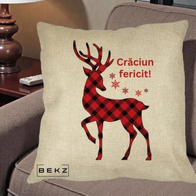 Perna Decorativa Ren Tartan Craciun Fericit, 40x40 cm, Crem, Husa Detasabila, Perna Inclusa, BEKZ®