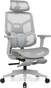 Scaun Ergonomic AirMesh Pro E399-H – Full Mesh, Suport Lombar Reglabil pe Înălțime, Cotiere 4D, Tetiera 3D, Reclinare Automată, Suport Picioare, Gri
