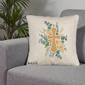 Perna Personalizata Cruce Florala Botez, 40x40 cm, Bej Canapea, Husa Detasabila, Perna Inclusa, BEKZ®